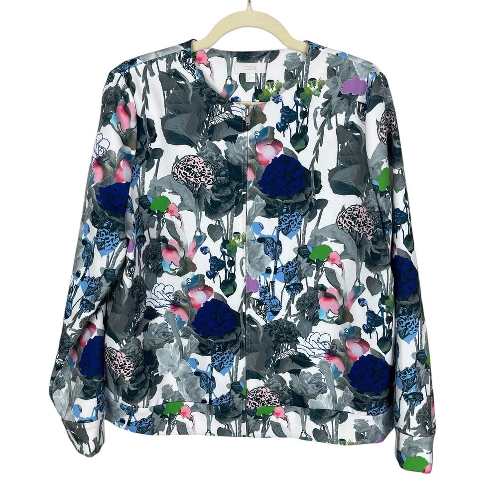 COS Jersey Knit Full Zip Bomber Jacket Floral Multi Women's Sz 14 Modern Career - Picture 2 of 13